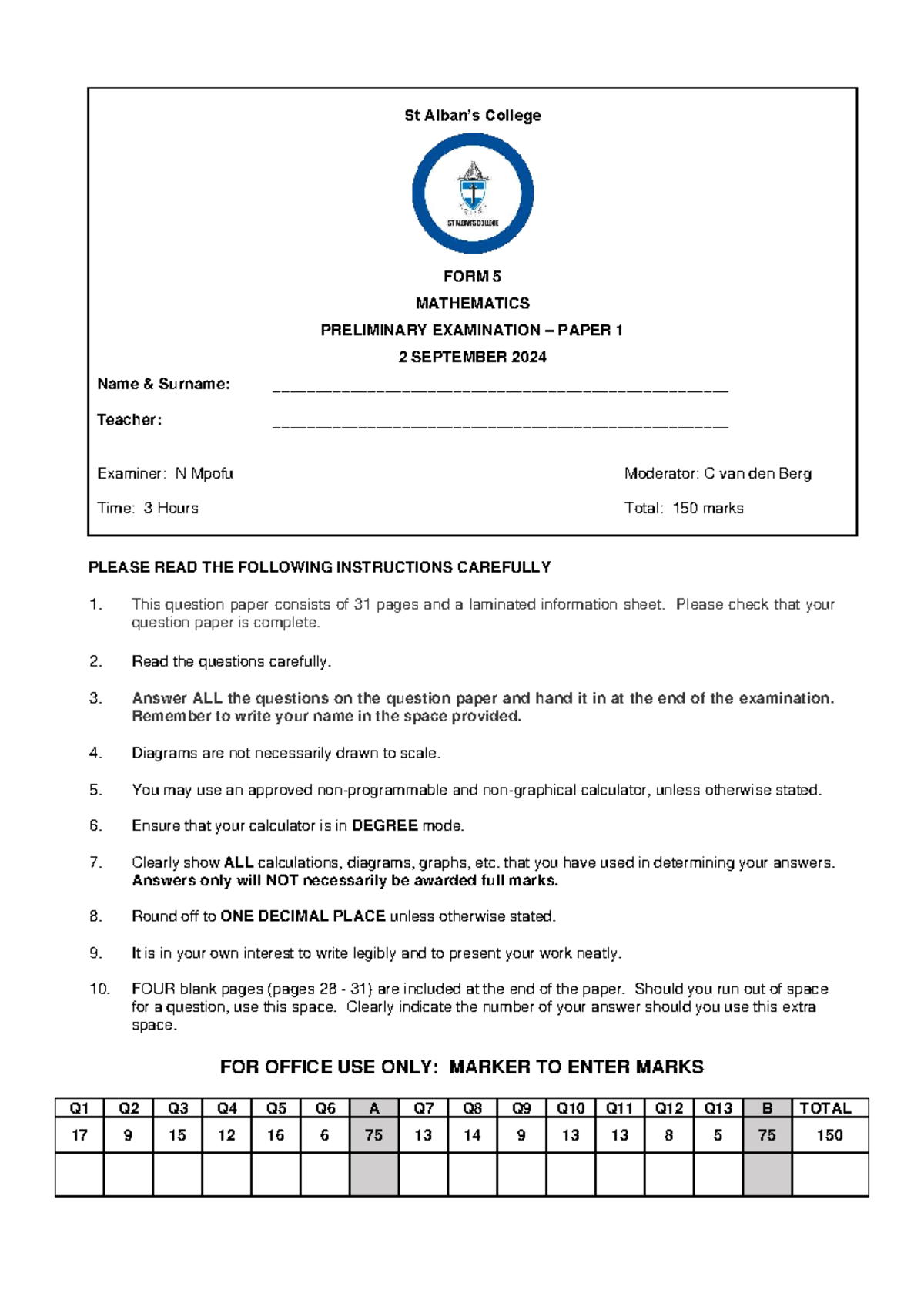 St College Form 5 Mathematics Preliminary Exam Paper 1 - Sept 2024 ...