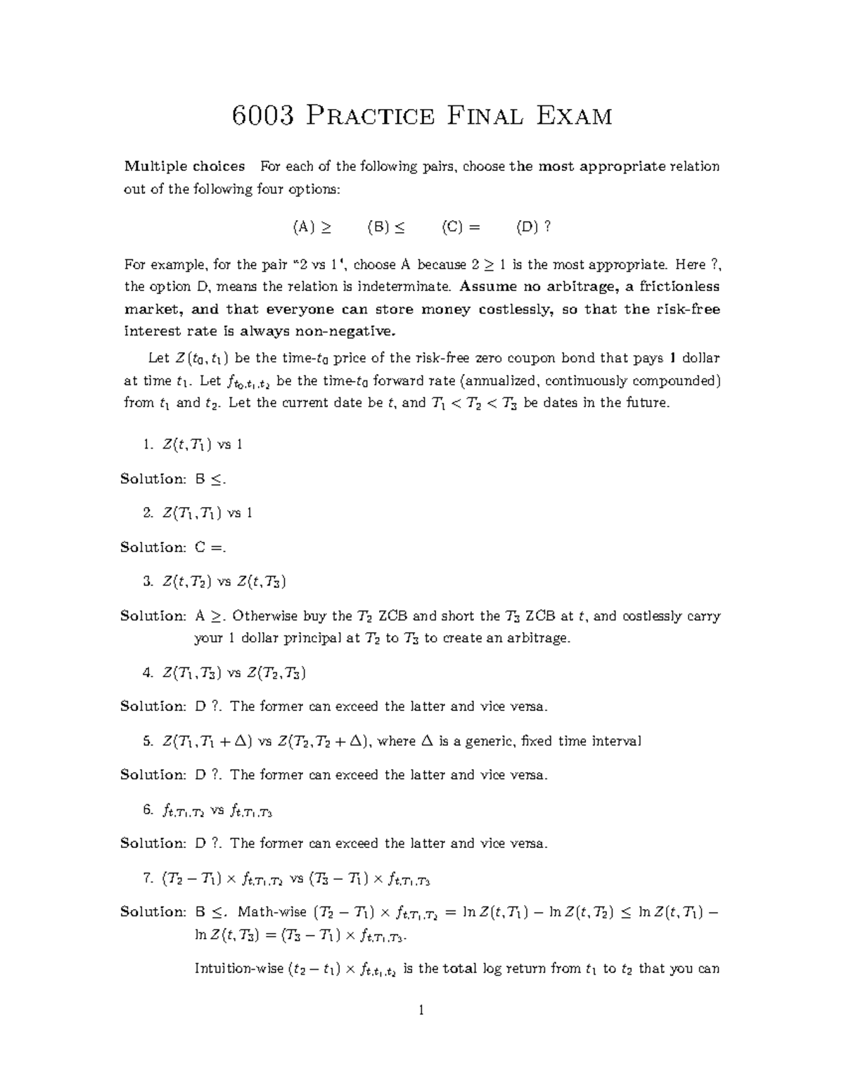6003 Practice Final Exam: Multiple Choice Questions on Bonds and ...