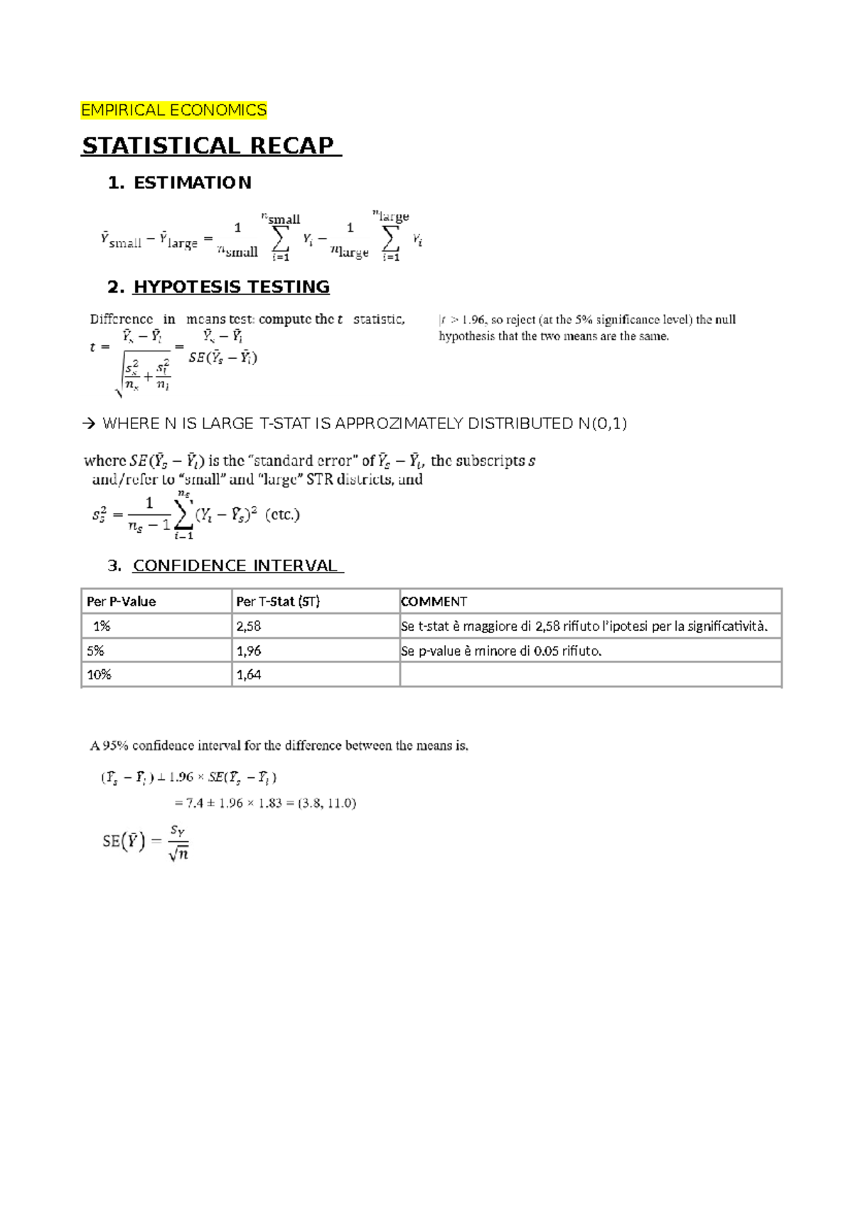 Empirical Economics Notes (Course Code: EE101) - Statistical Recap ...