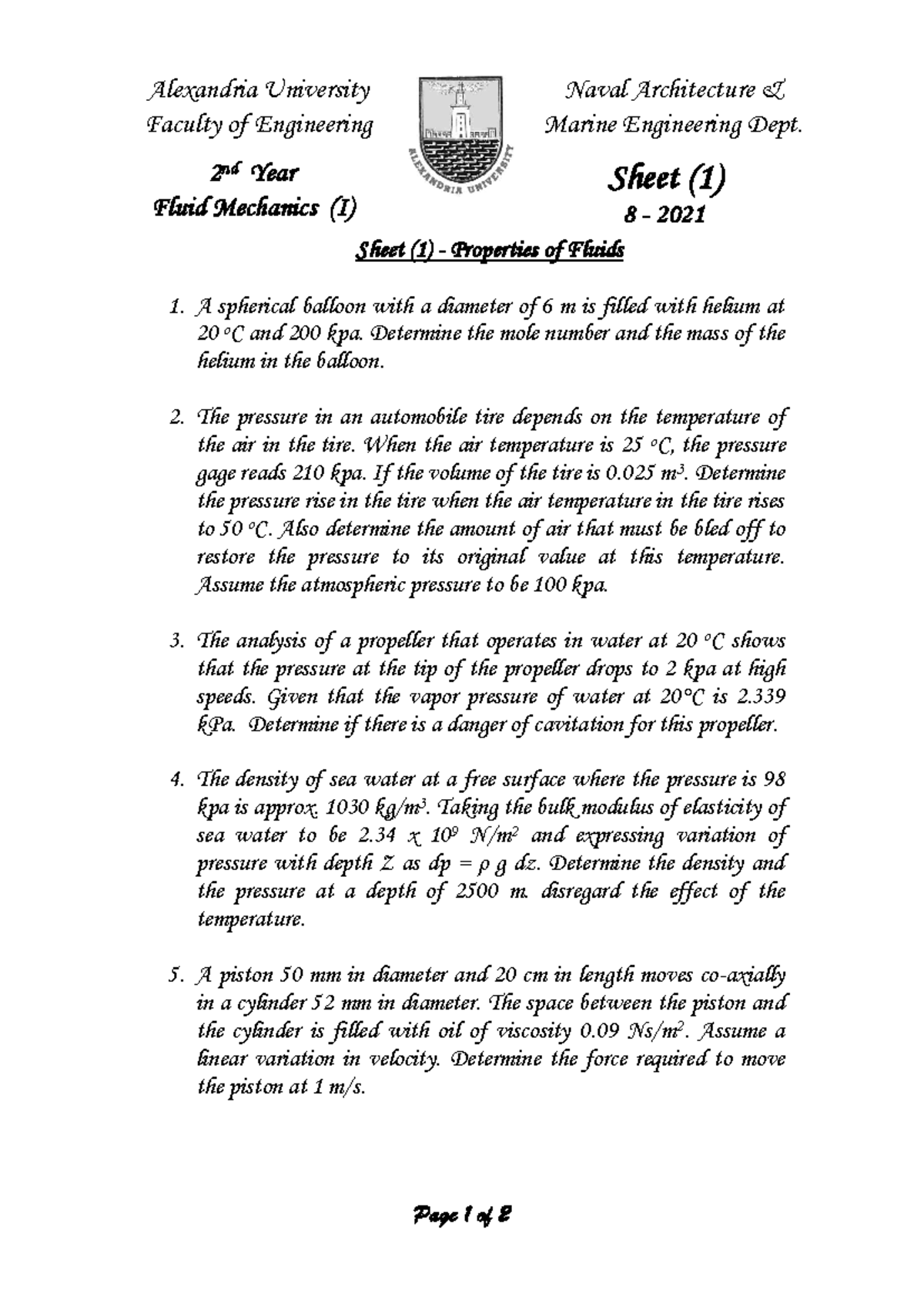 Fluid Mechanics (I) - 2nd Year Engineering Sheet (1) - Properties of ...
