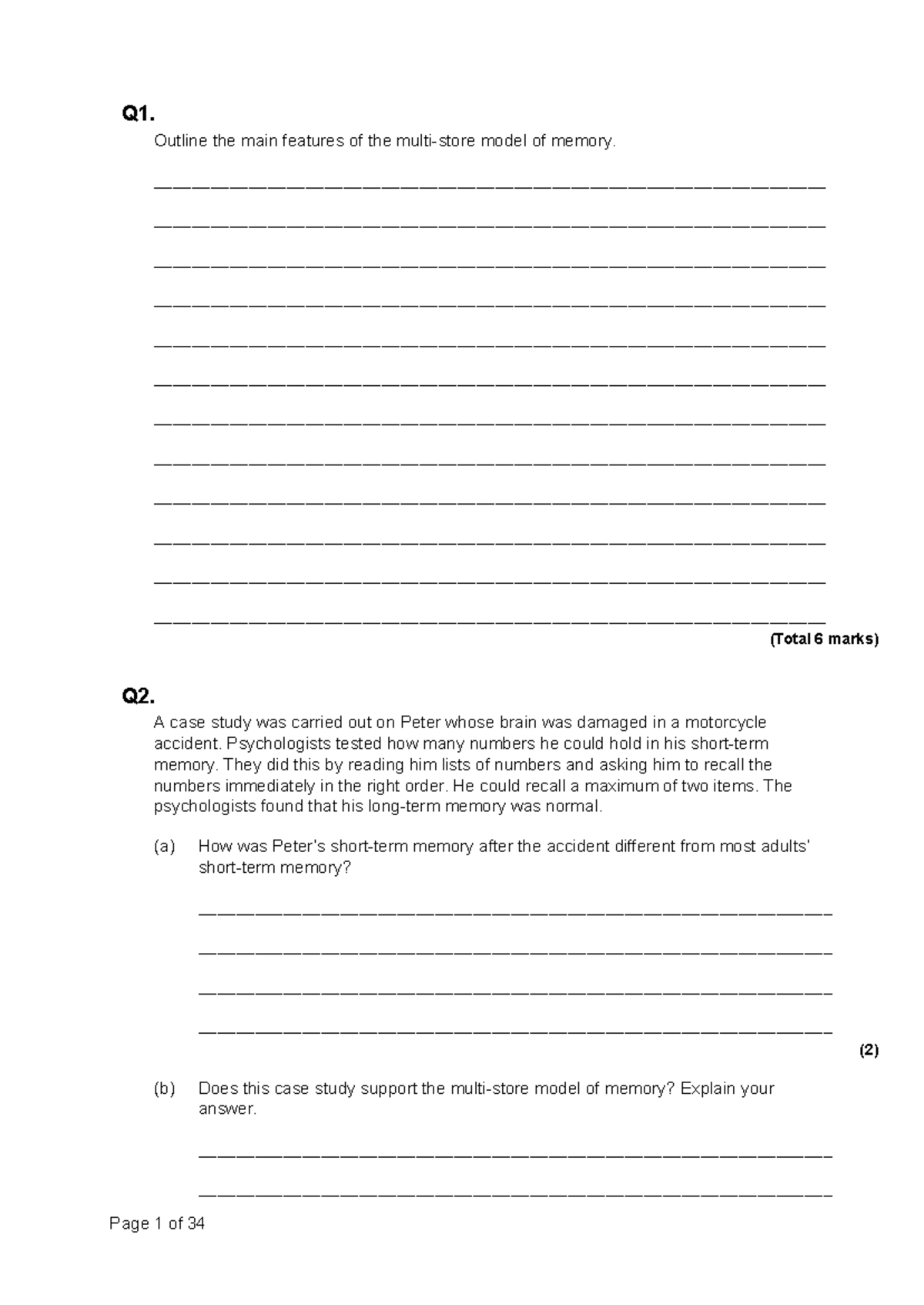 Multi Store Model of Memory - Exam Practice Questions (Psych 101) - Studocu