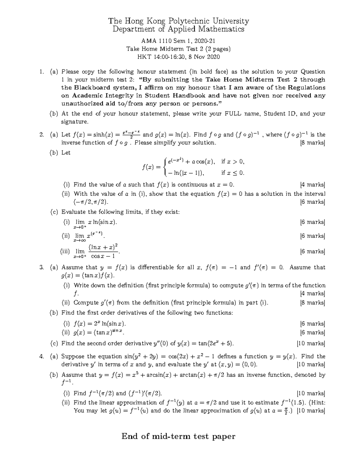 AMA1110 Take Home Midterm Test 2 - Fall 2020 Guide and Solutions - Studocu