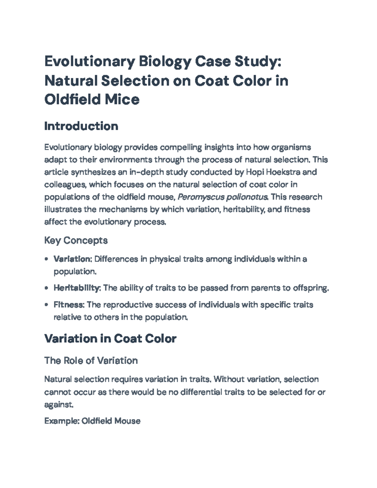 Evolutionary Biology Case Study: Natural Selection in Mouse Coat Color ...
