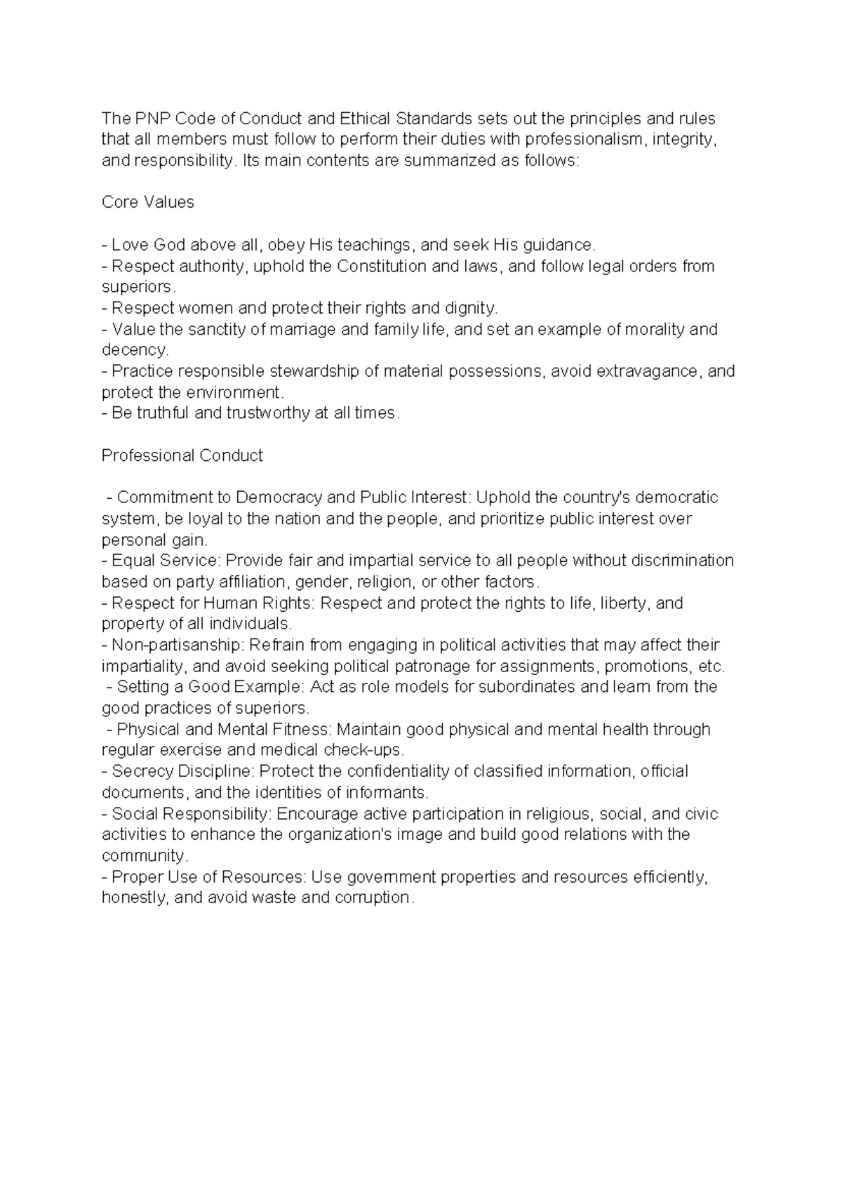 PNP Code of Conduct & Ethical Standards Summary - Studocu