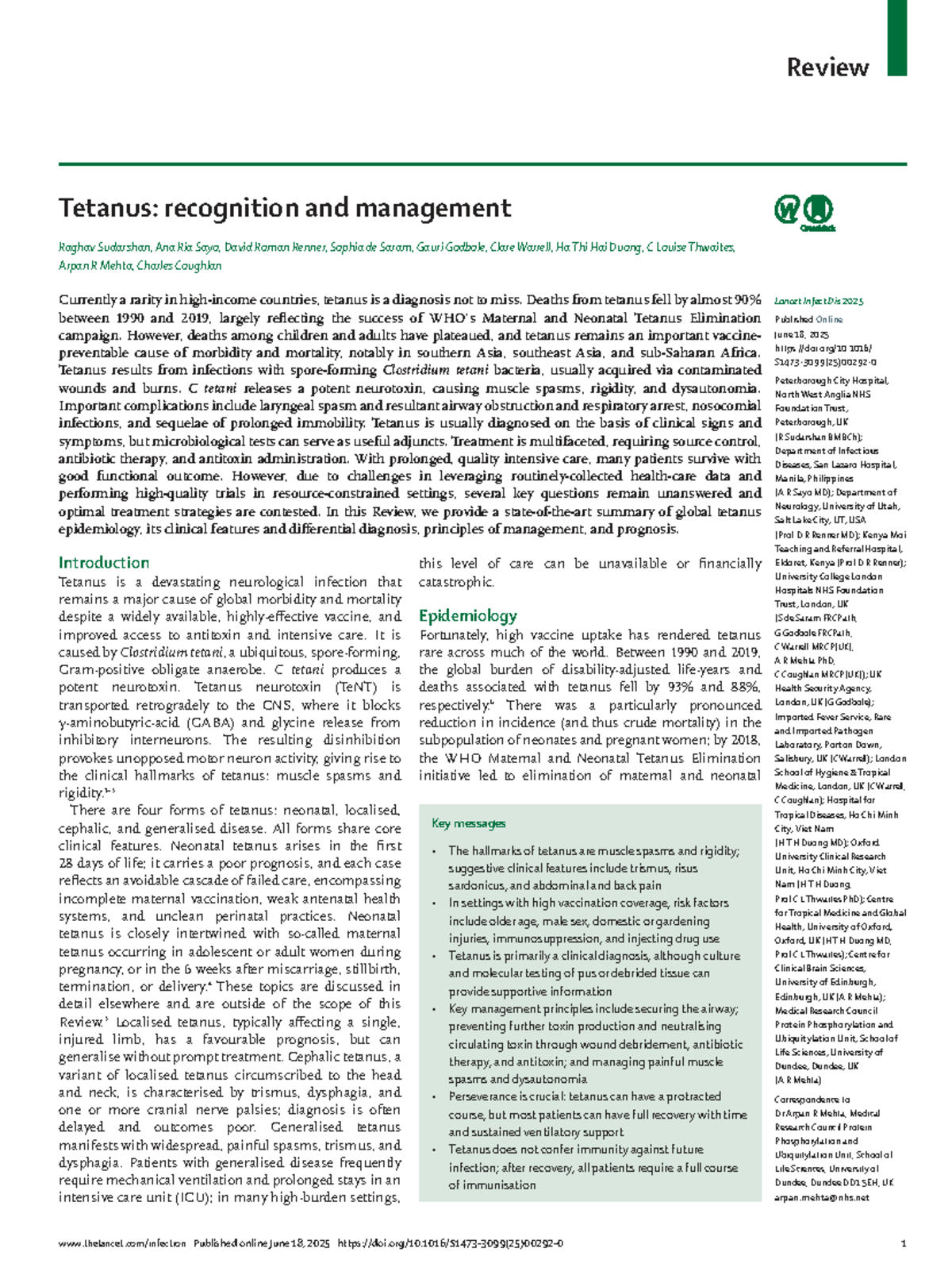 Tetanus: Recognition and Management - A Comprehensive Review (Infect ...