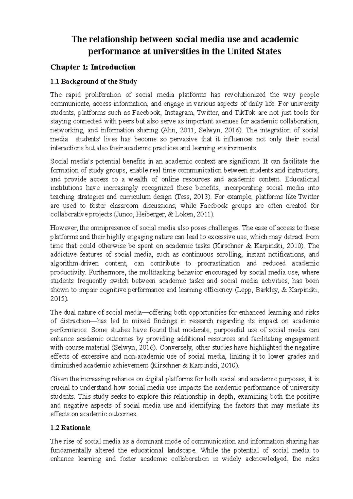 Sample Intro The relationship between social media academic performance ...