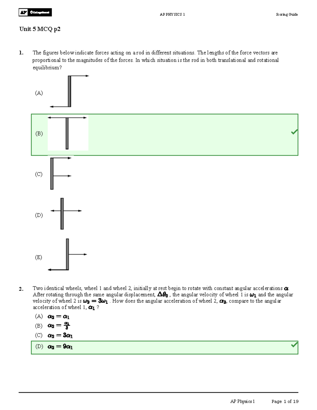AP PHYSICS 1 Unit 5 MCQ Scoring Guide and Solutions - Studocu