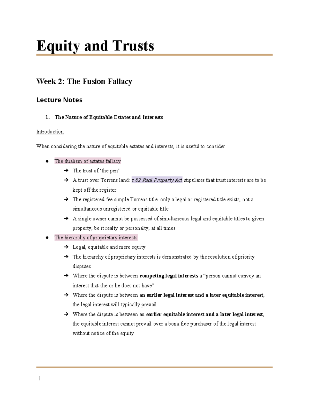 Equity and Trusts (LAW123) Week 2: Fusion Fallacy Lecture Notes - Studocu