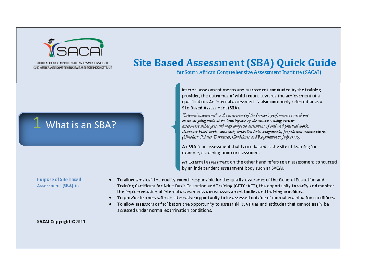 SBA Quick Guide for SACAI - Site Based Assessment Explained - Studocu