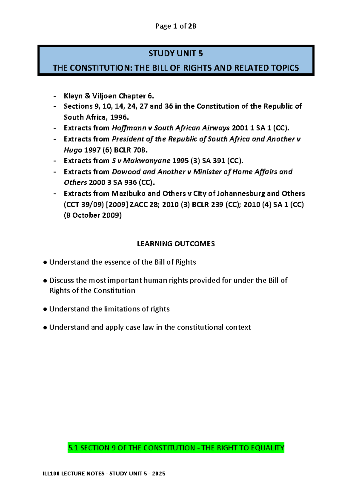 ILL100 LECTURE NOTES - STUDY UNIT 5: BILL OF RIGHTS & CASE LAW ANALYSIS ...