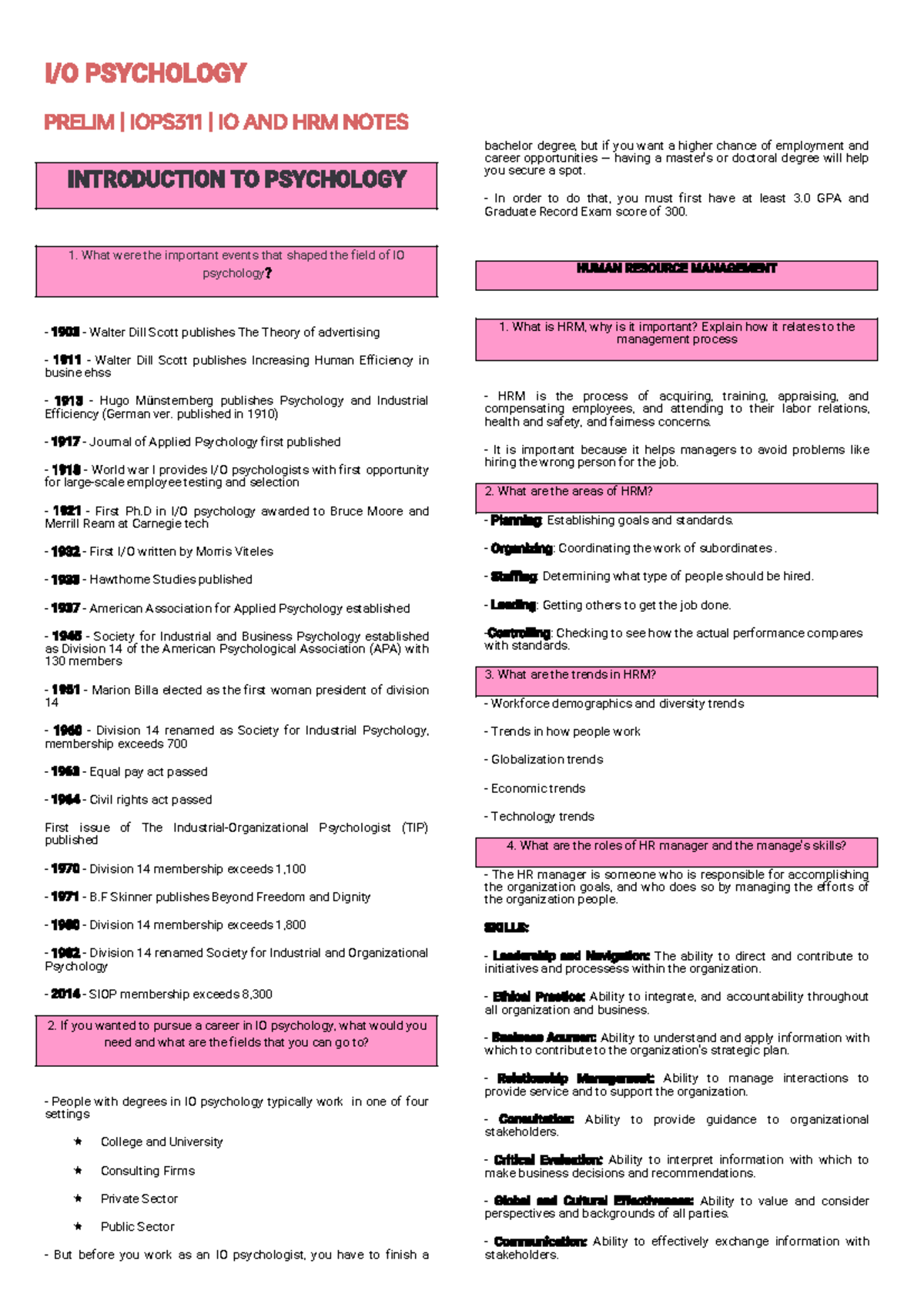 IOPS311 Psychology Prelim Notes: Introduction to IO & HRM - Studocu