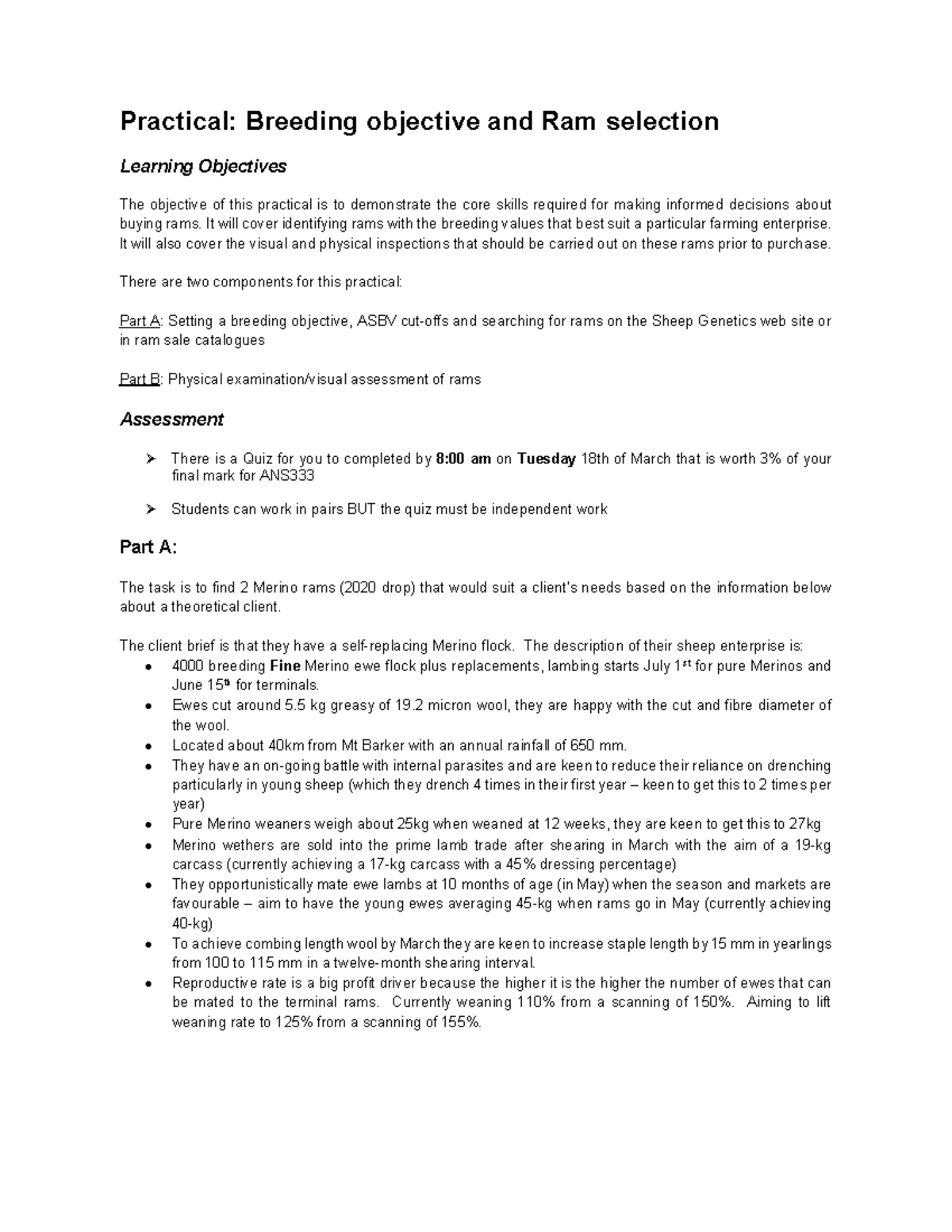 ANS333 - 2025 Practical: Breeding Objective & Ram Selection Guide - Studocu