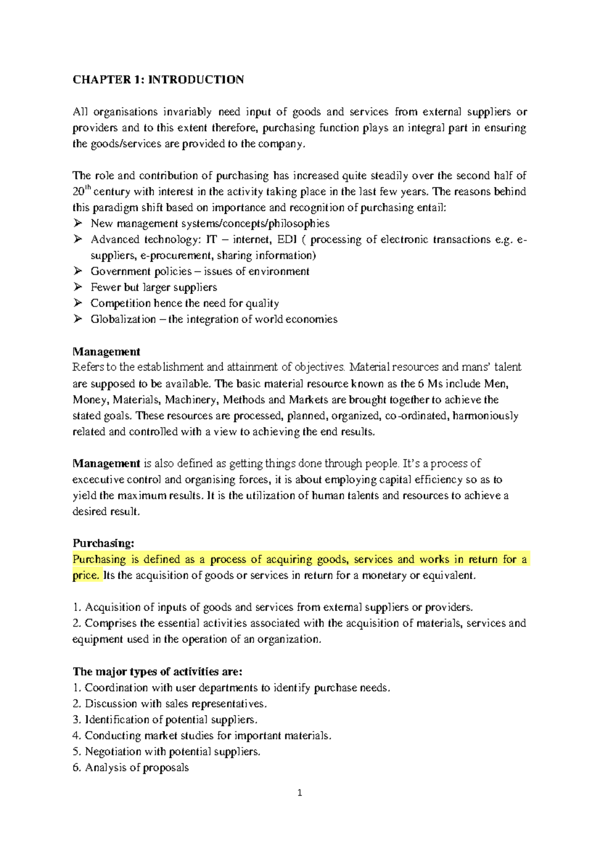 Chapter 1 Introduction to procurement lecture notes+ - CHAPTER 1 ...