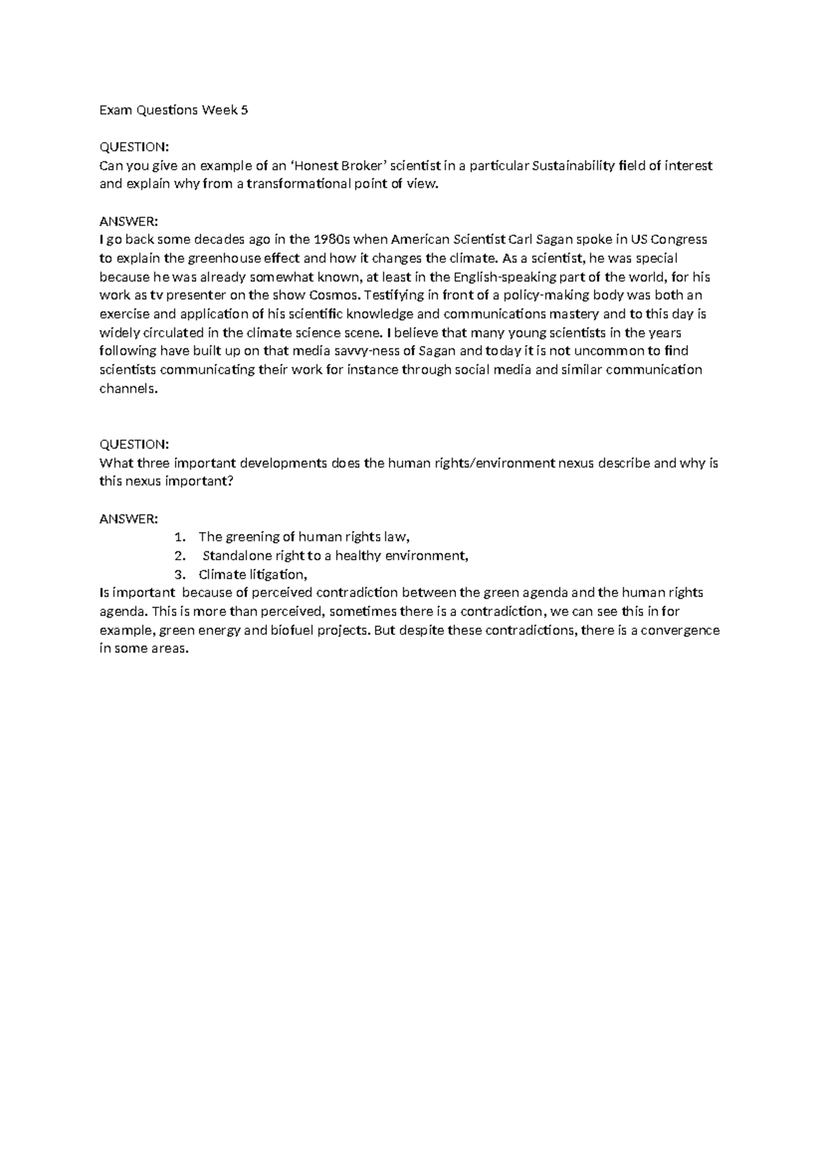 Exam Questions Week 5 - Sustainable Science Insights for Tentamen ...