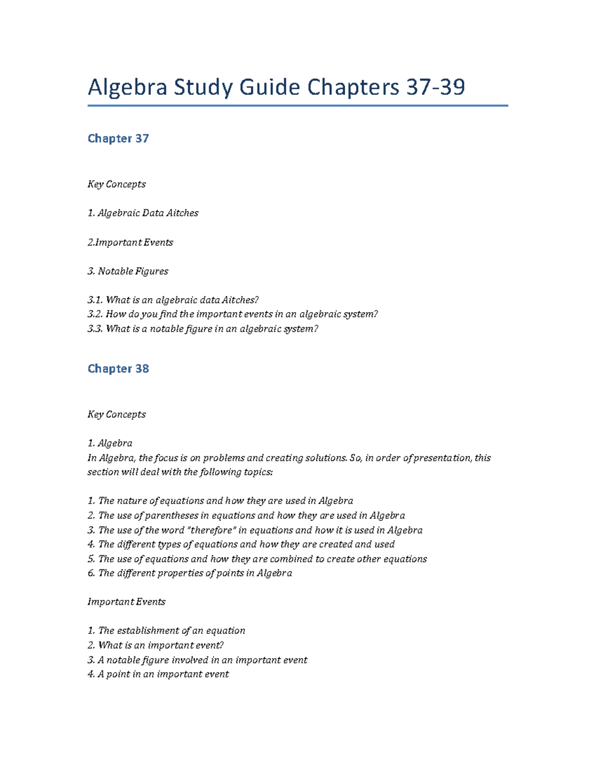 Algebra Study Guide for Chapters 37-39: Key Concepts & Events - Studocu