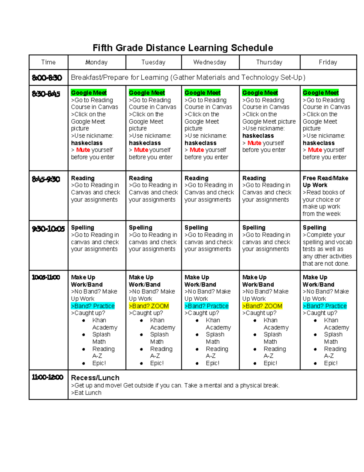 Weekly Schedule - sgrfr6gsfdf - Fifth Grade Distance Learning Schedule ...