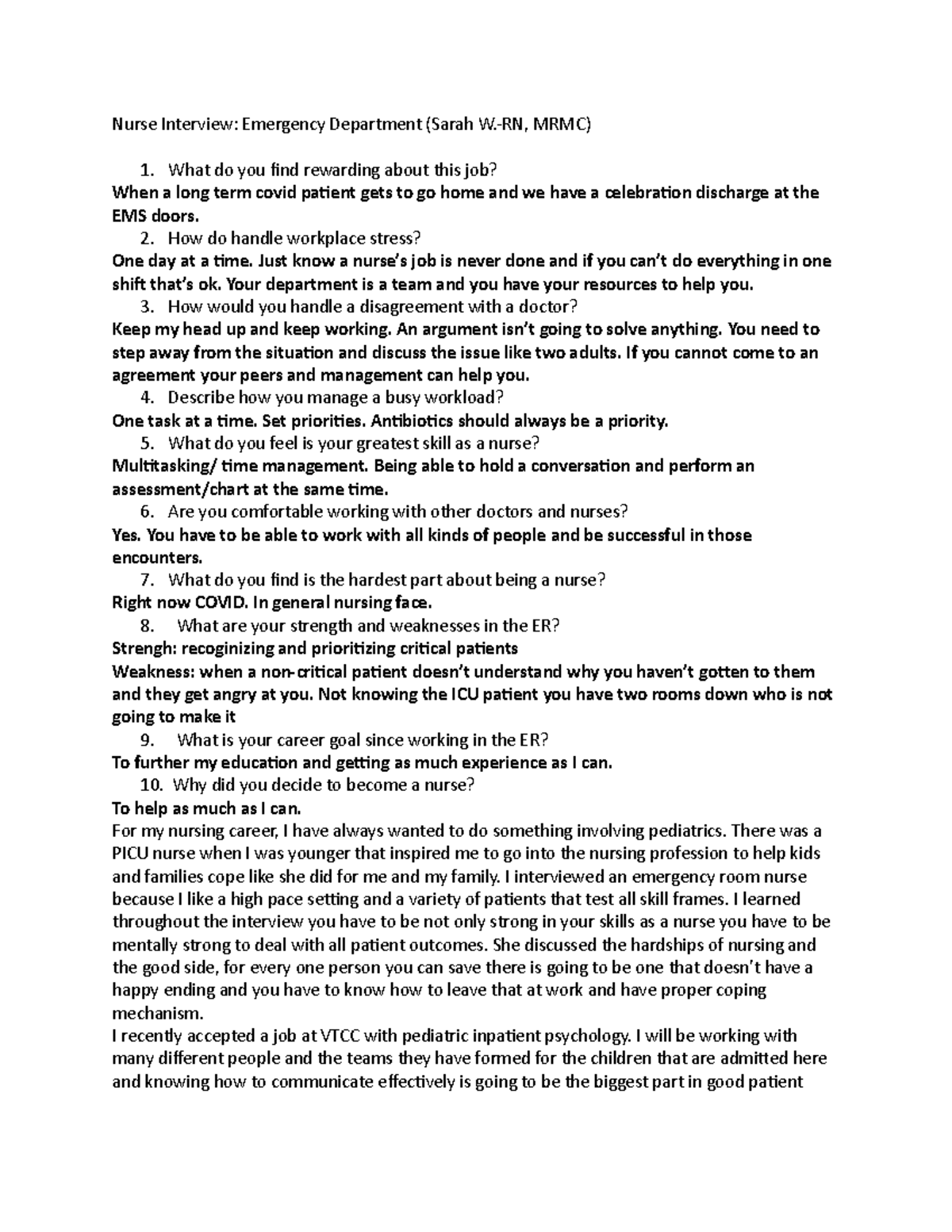 Nursing Career Insights: ER Interview with Sarah W.-RN - Studocu