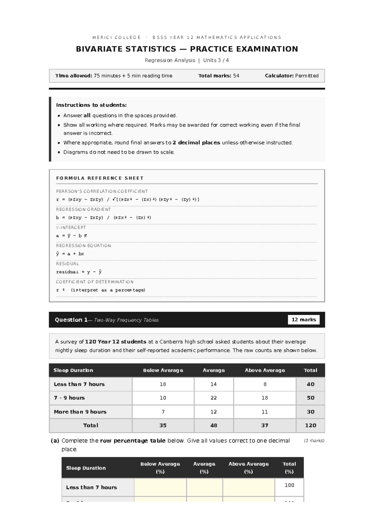 BIVARIATE STATISTICS PRACTICE EXAM - YEAR 12 MATHS APPLICATIONS - Studocu