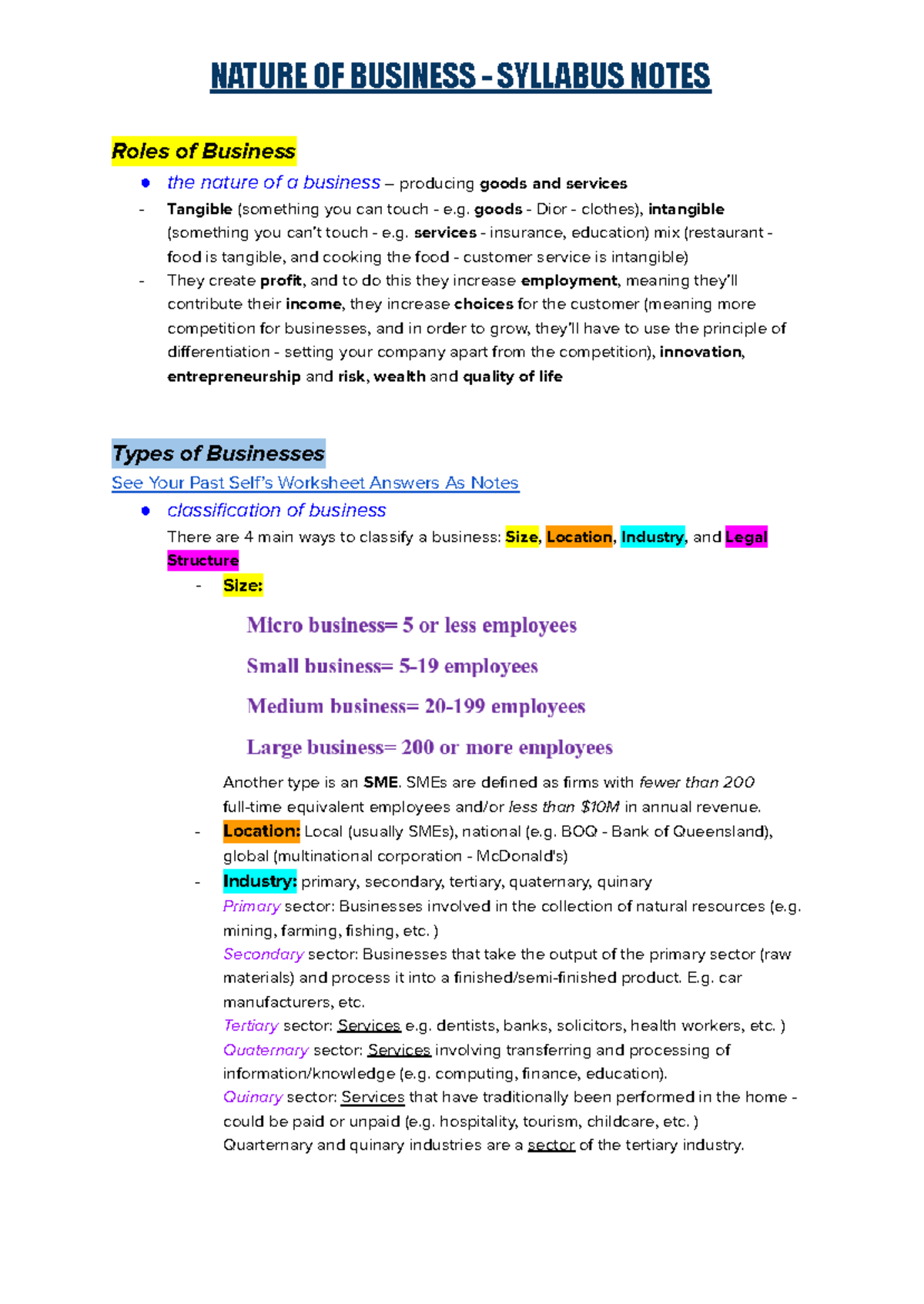 Topic 1 - Nature of Business Syllabus Notes (BUS101) - Studocu