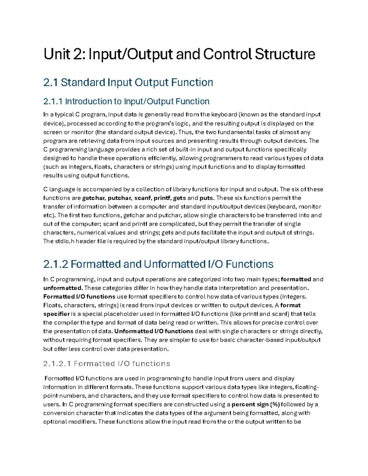 Chapter 2: C Programming - Input/Output Functions & Control Structures ...