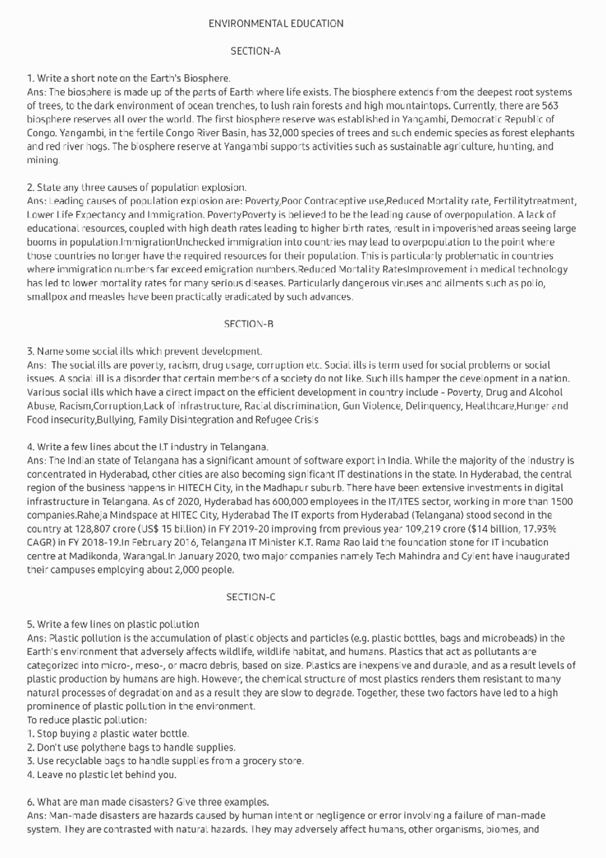 Environmental education -1 1st yr - ENVIRONMENTAL EDUCATION 1. Write a ...