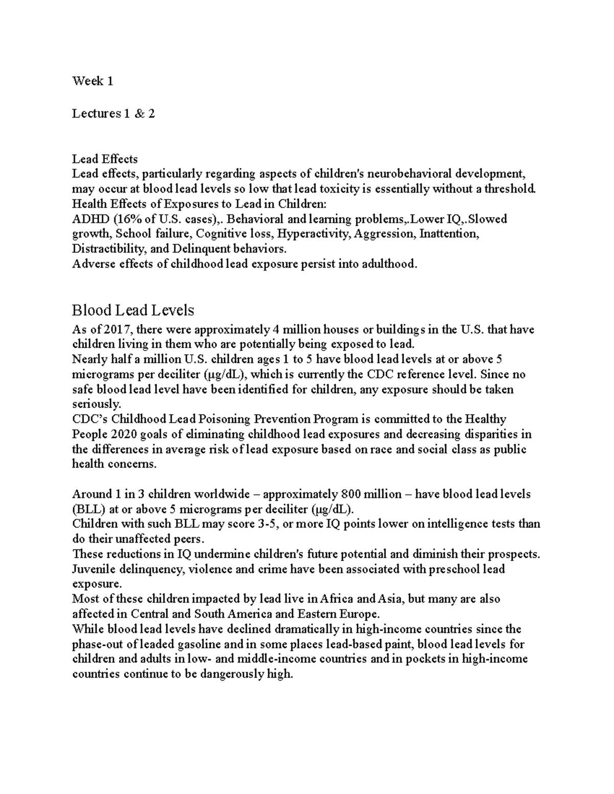 EH Week 1 Lecture - Week 1 Lectures 1 & 2 Lead Effects Lead effects ...