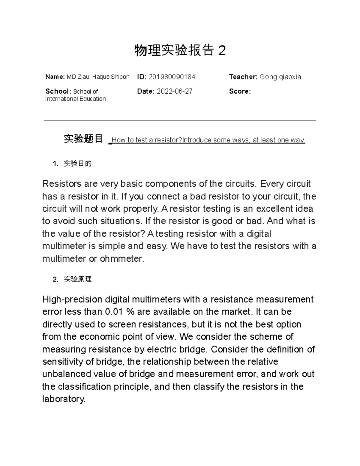 2019 80090184 Lab 2 - Resistor Testing in Physics Lab Report - Studocu