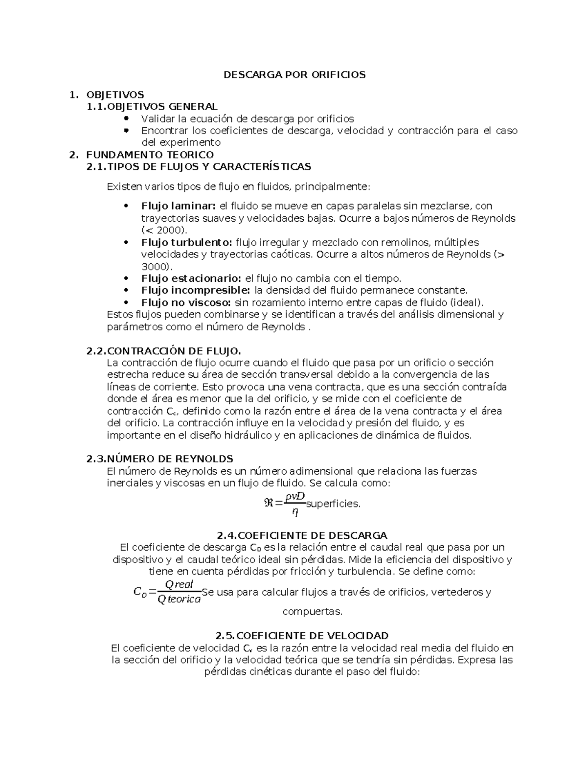 DESCARGA POR ORIFICIOS: Validación de Coeficientes en Fluídos - Studocu