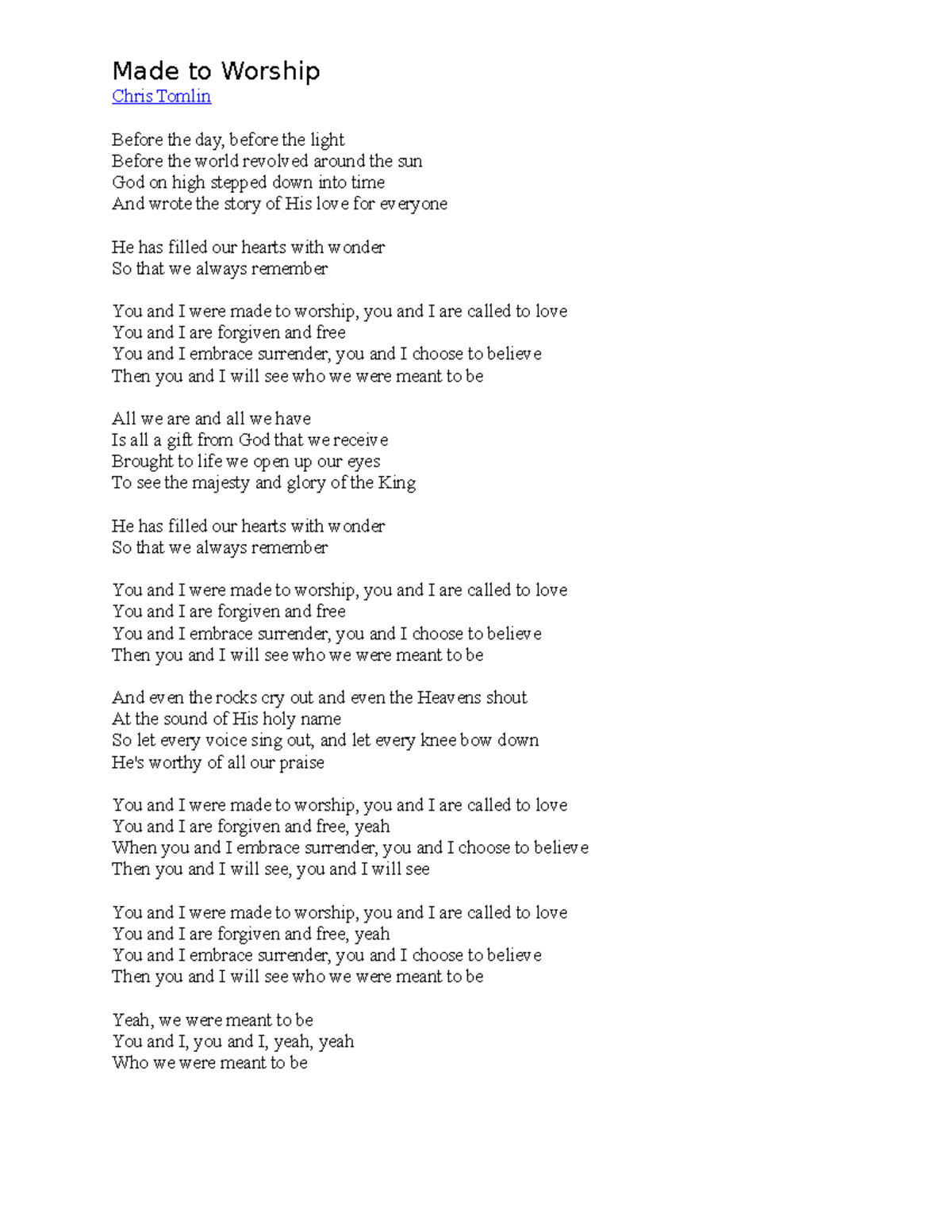 Worship Lyrics Compilation: Made to Worship - Final Exam Materials - Studocu