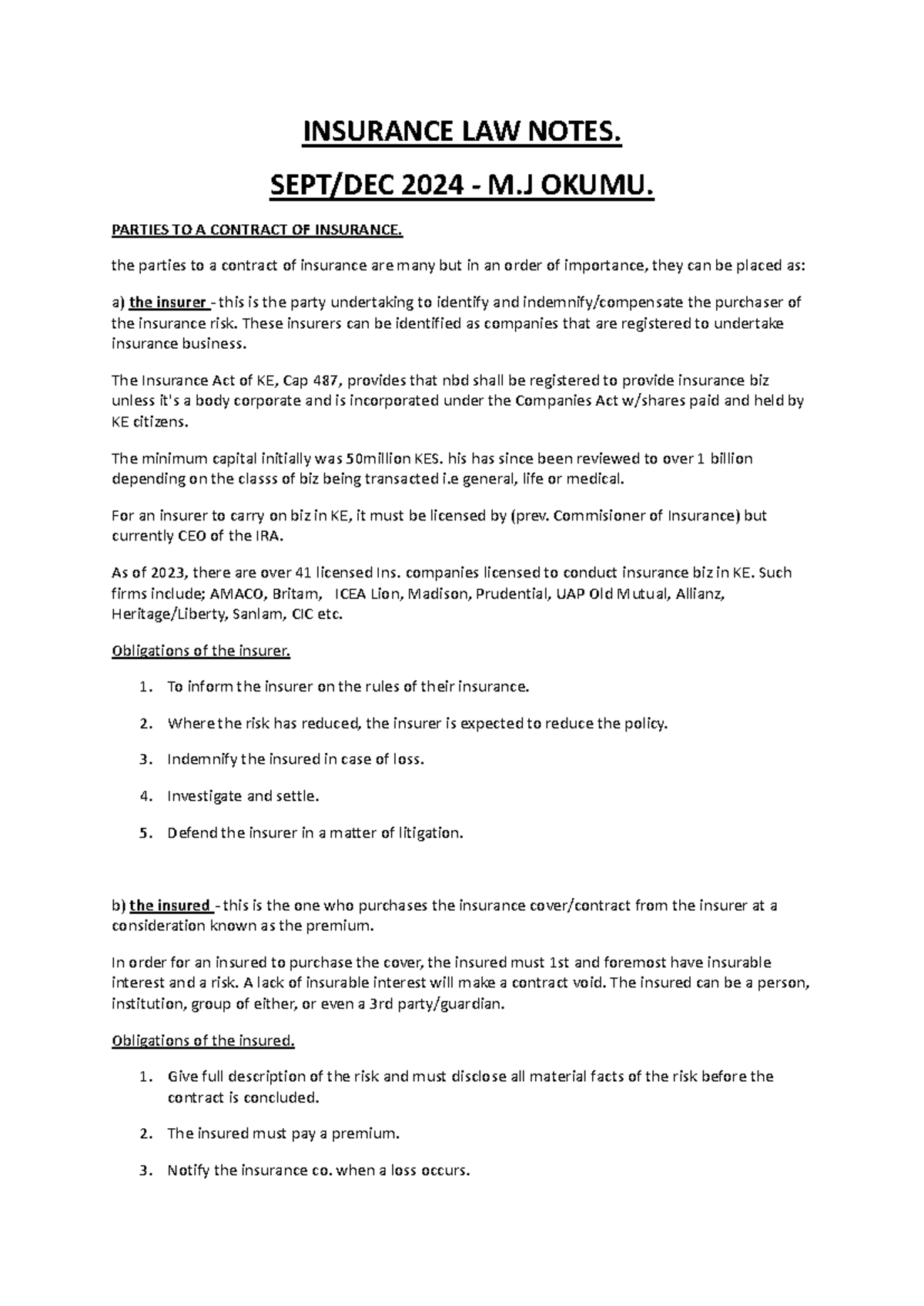 Insurance Law Notes 2024: Parties to a Contract of Insurance - Studocu