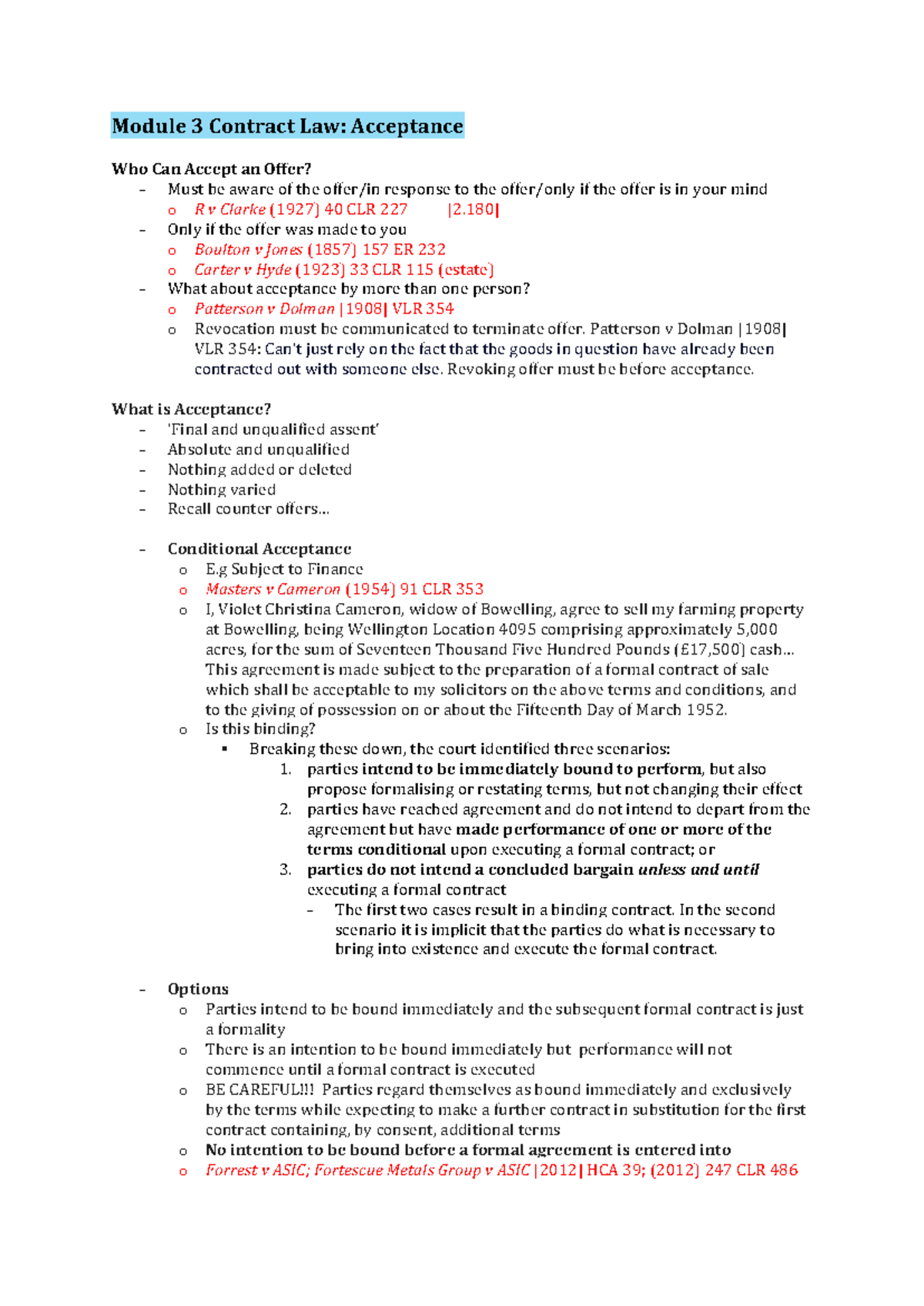 Module 3 Contract Law: Acceptance and Communication of Offers - Studocu