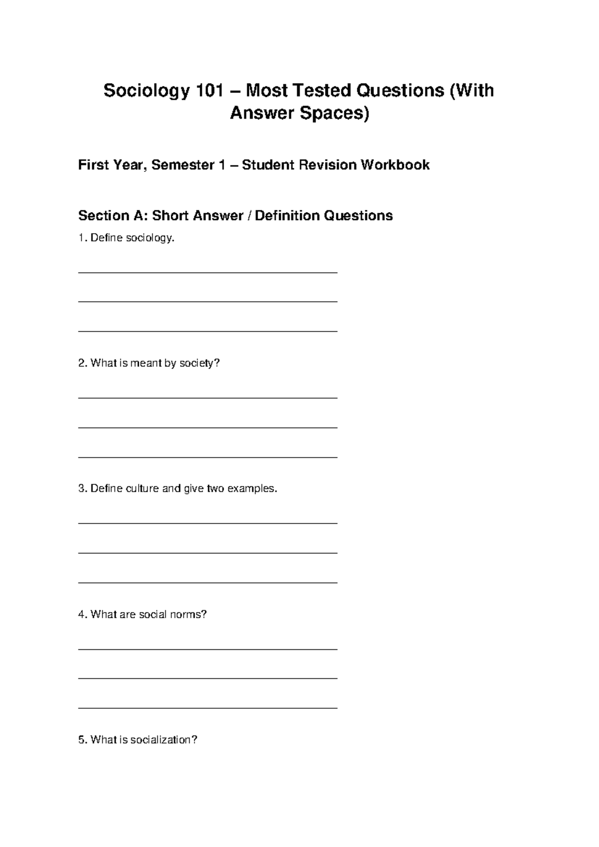 Sociology 101 Revision Workbook: Key Questions & Answers 104047 - Studocu