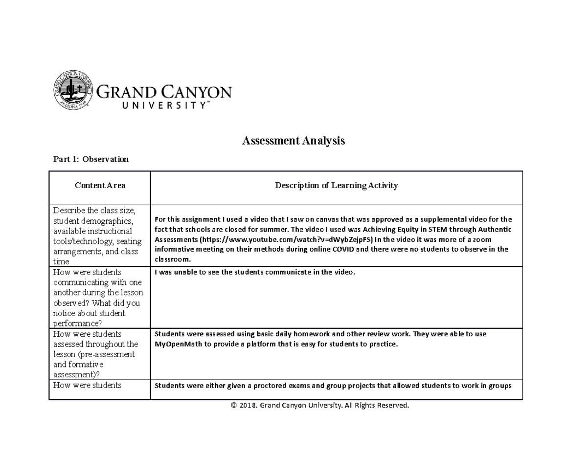 Assessment Analysis: Observation Communication Performance and ...