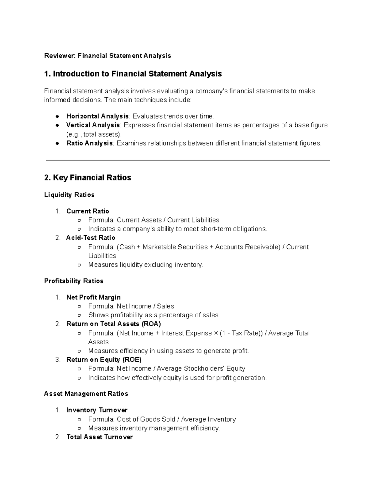 Financial Statement Analysis Reviewer: Key Concepts & Ratios - Studocu