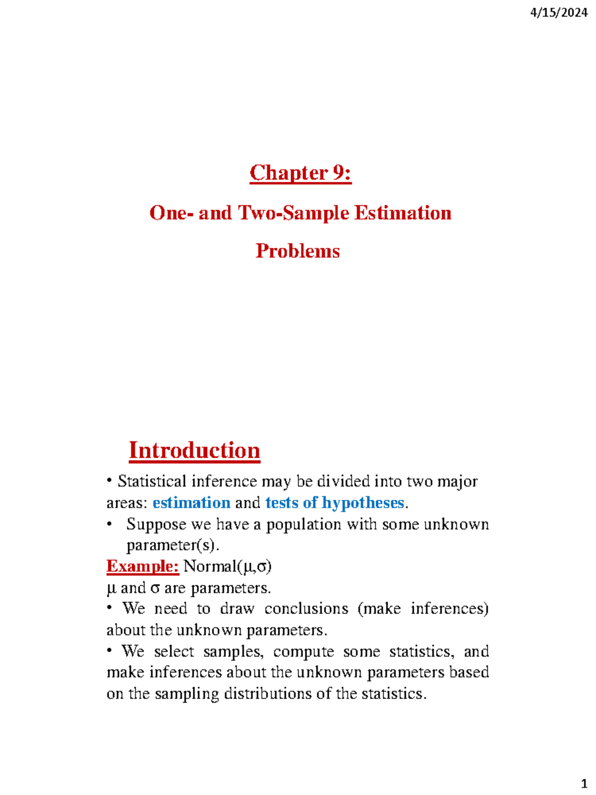 Lecture 9 - Chapter 9 : One- and Two-Sample Estimation Problems ...