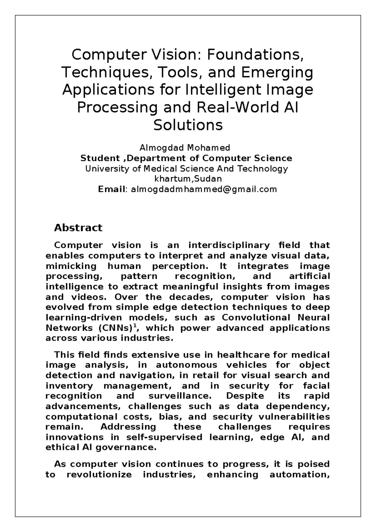 Computer Vision: Foundations, Techniques, and Future Applications ...