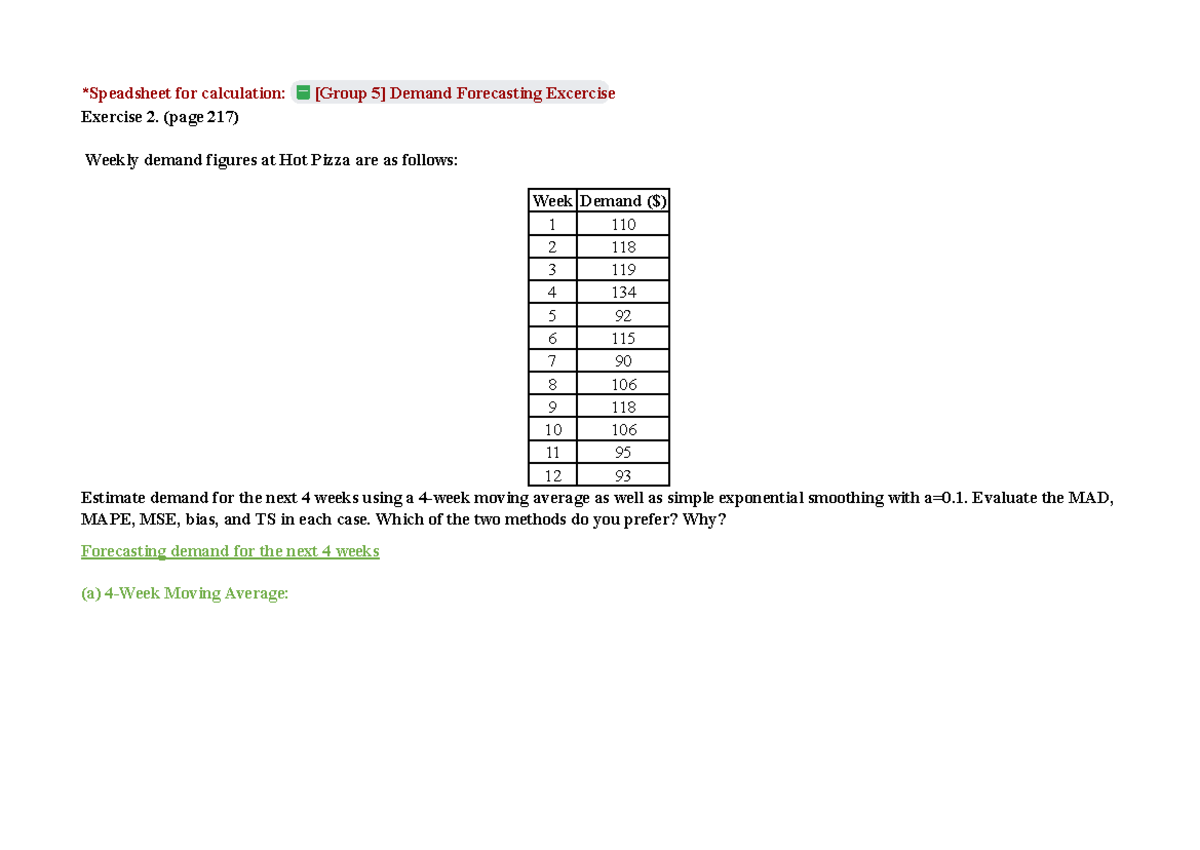 HW2368 - Chapter 3: Demand Forecasting Exercise Methods & Evaluations ...