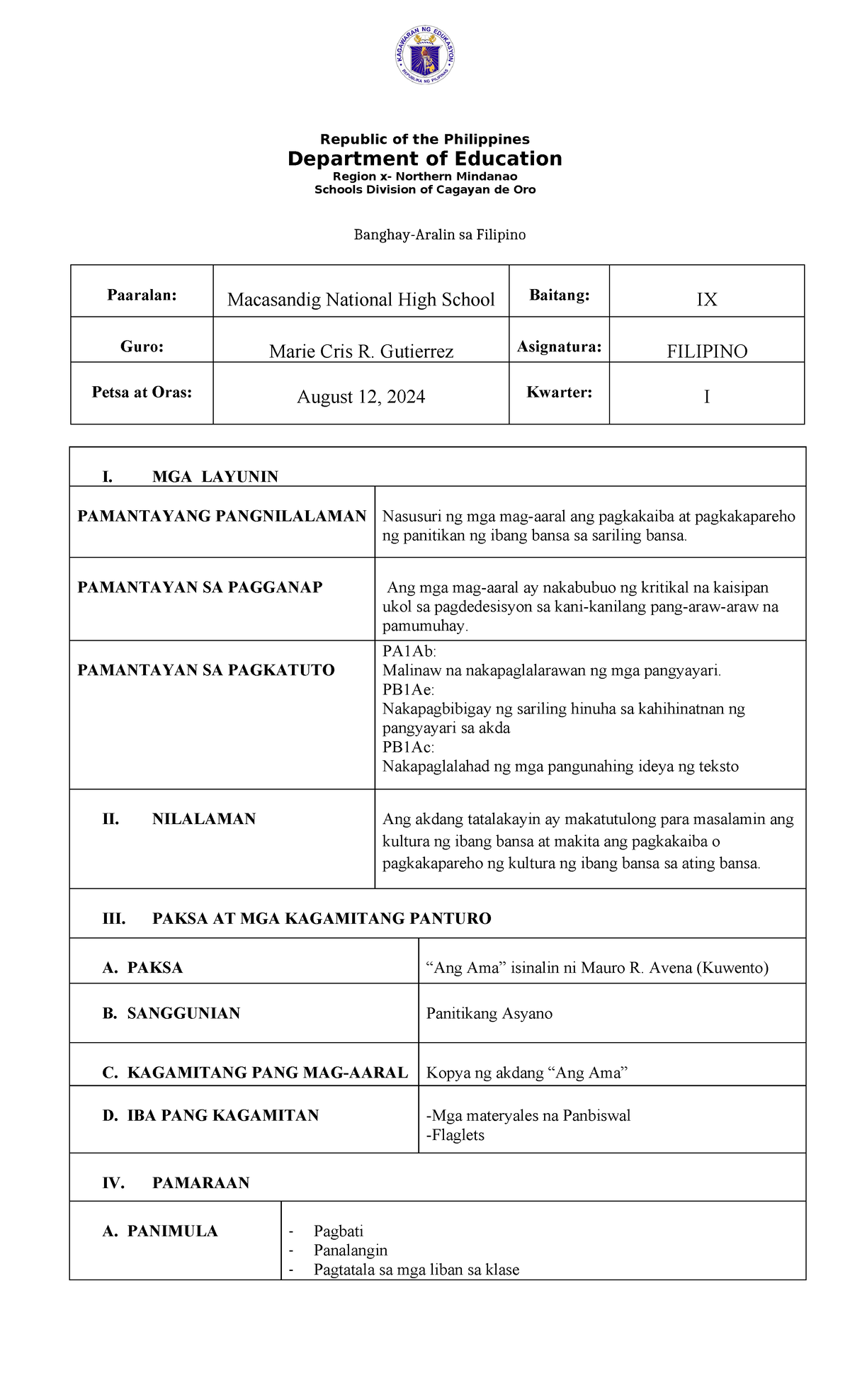 COT I Detailed Lesson Plan: 