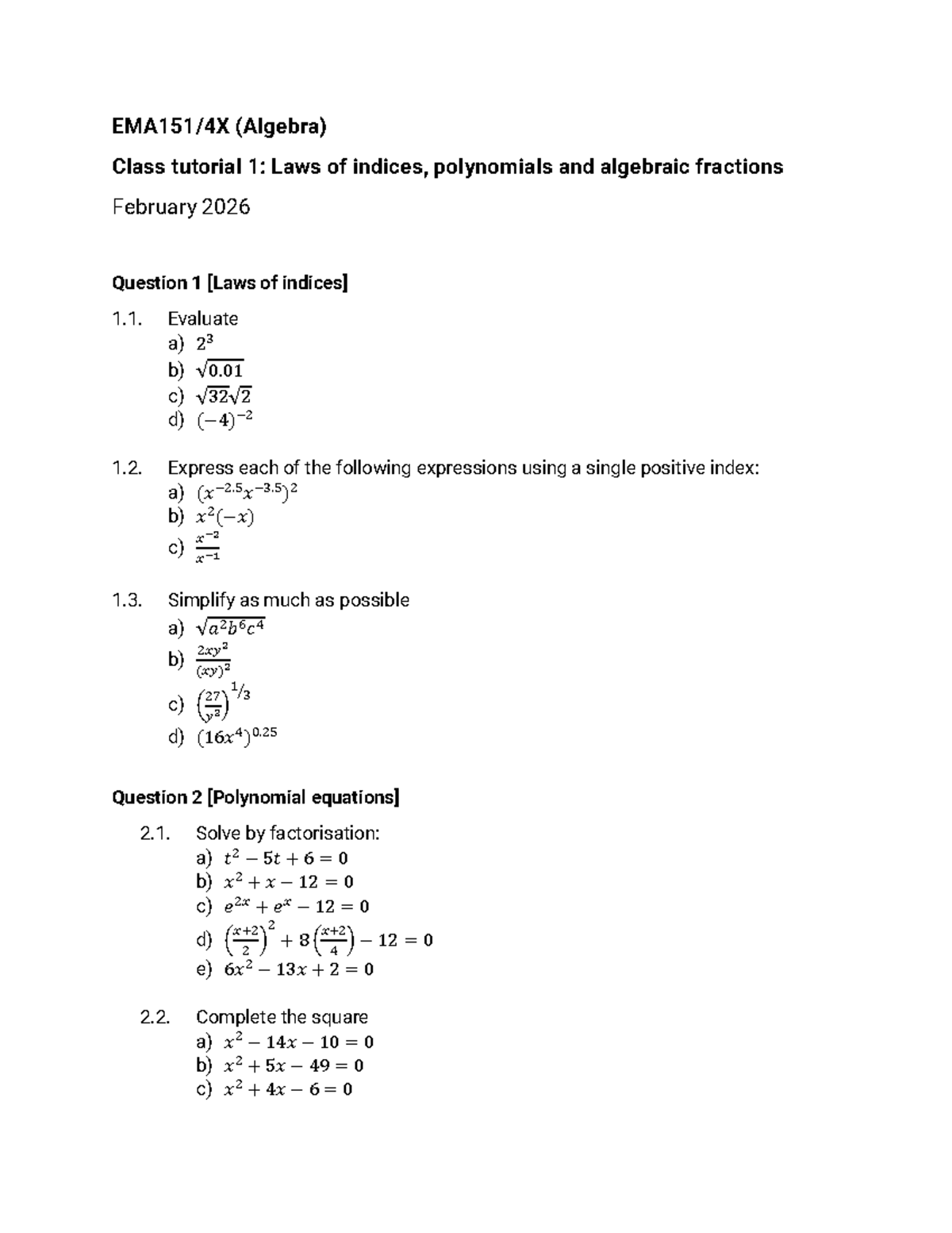 EMA151X Class Tutorial 1: Laws of Indices & Polynomials - Studocu