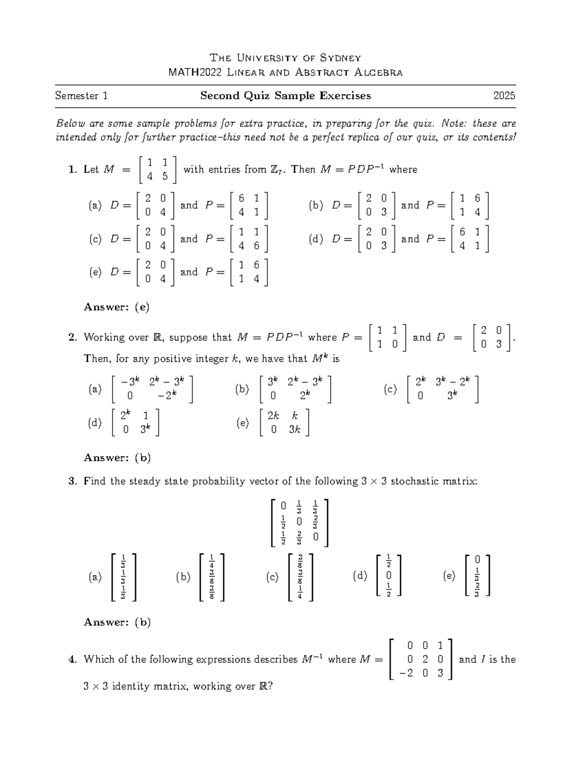 MATH2022 Linear & Abstract Algebra Semester 1 Quiz 2 Sample Solutions ...