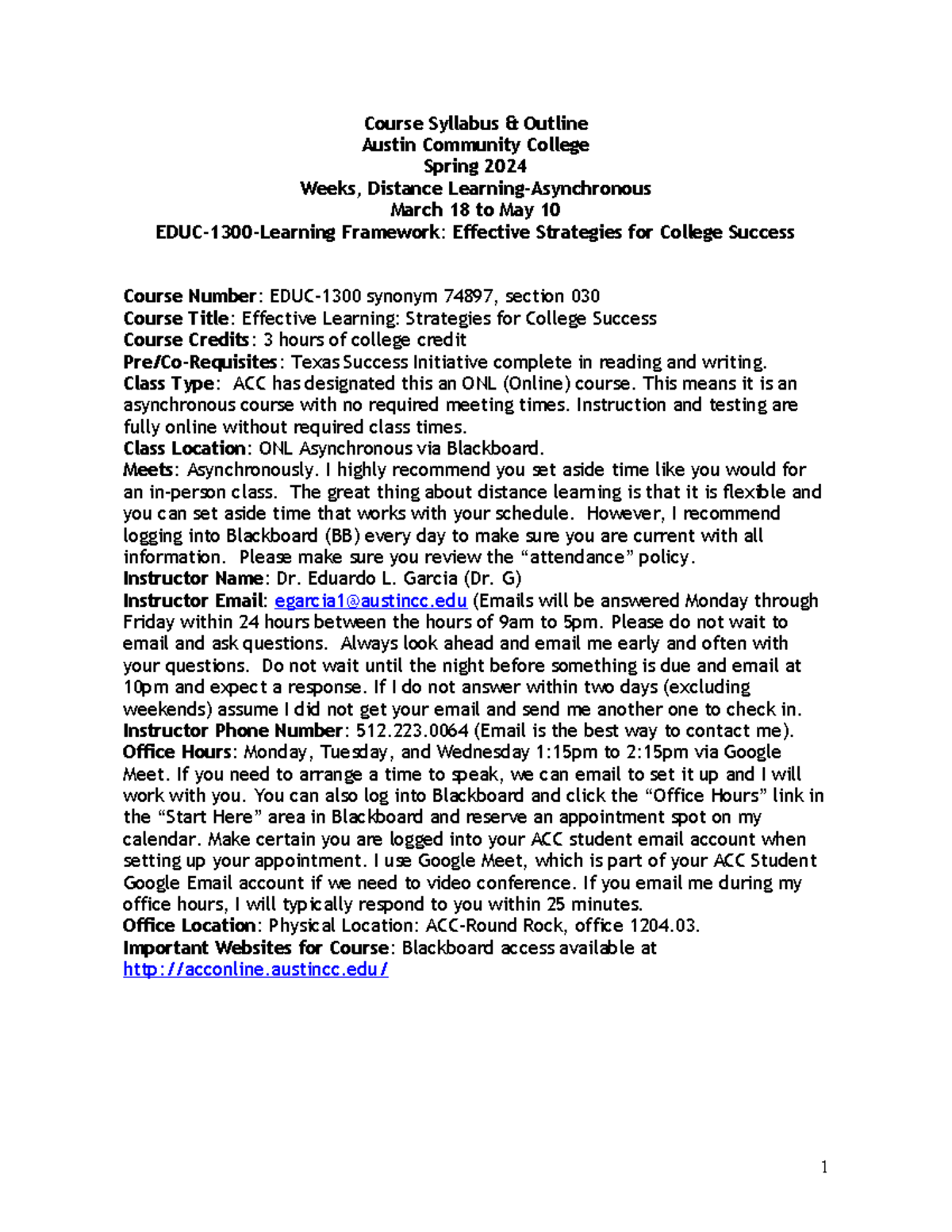 EDUC-1300 Syllabus & Outline: Strategies for College Success (Spring ...
