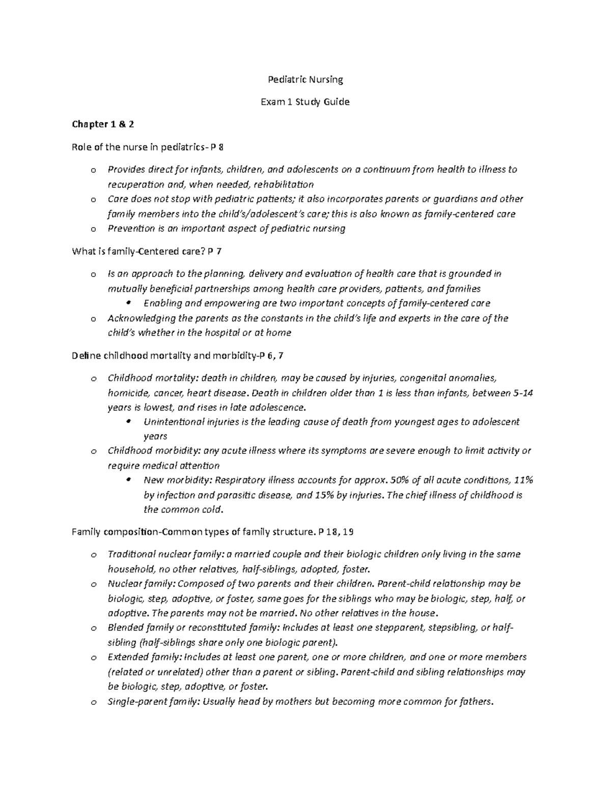 Pediatric Nursing Exam 1 Study Guide: Family-Centered Care & More - Studocu