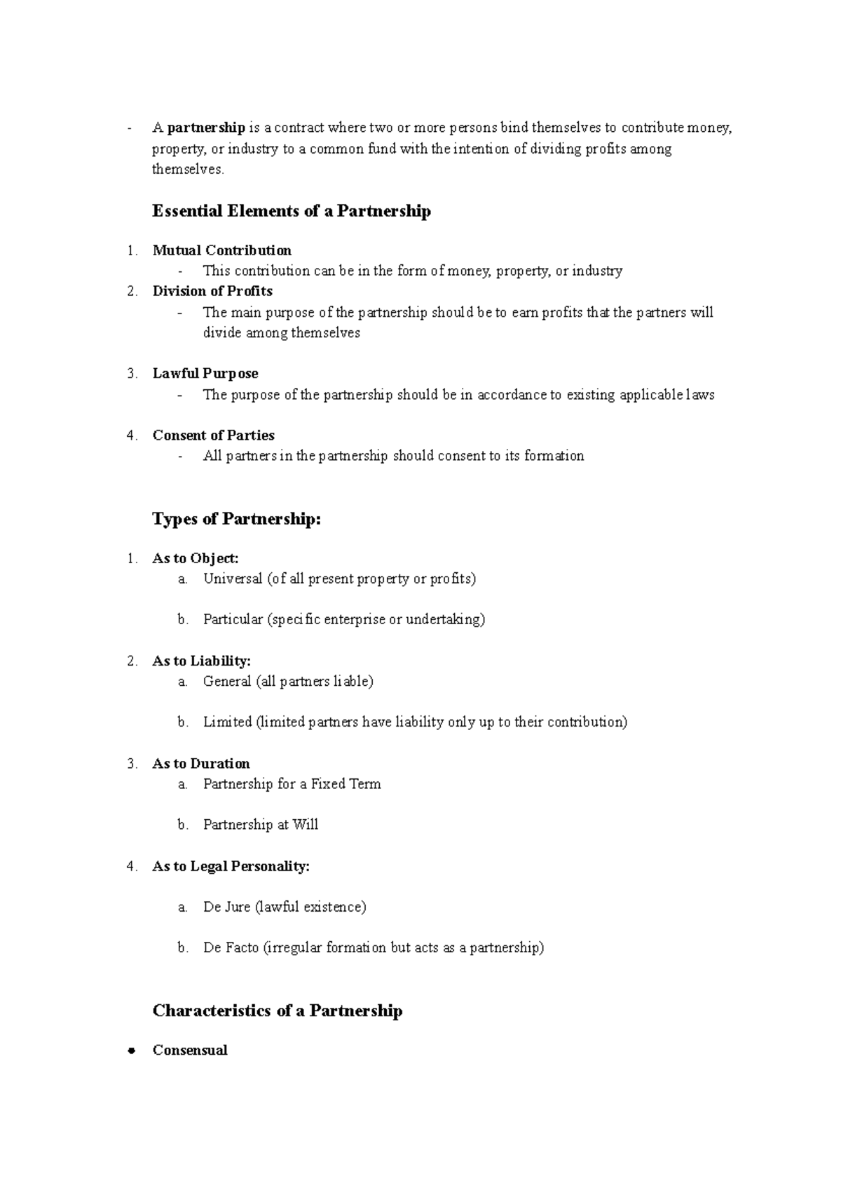 Partnership Notes: Essential Elements and Types Explained - Studocu
