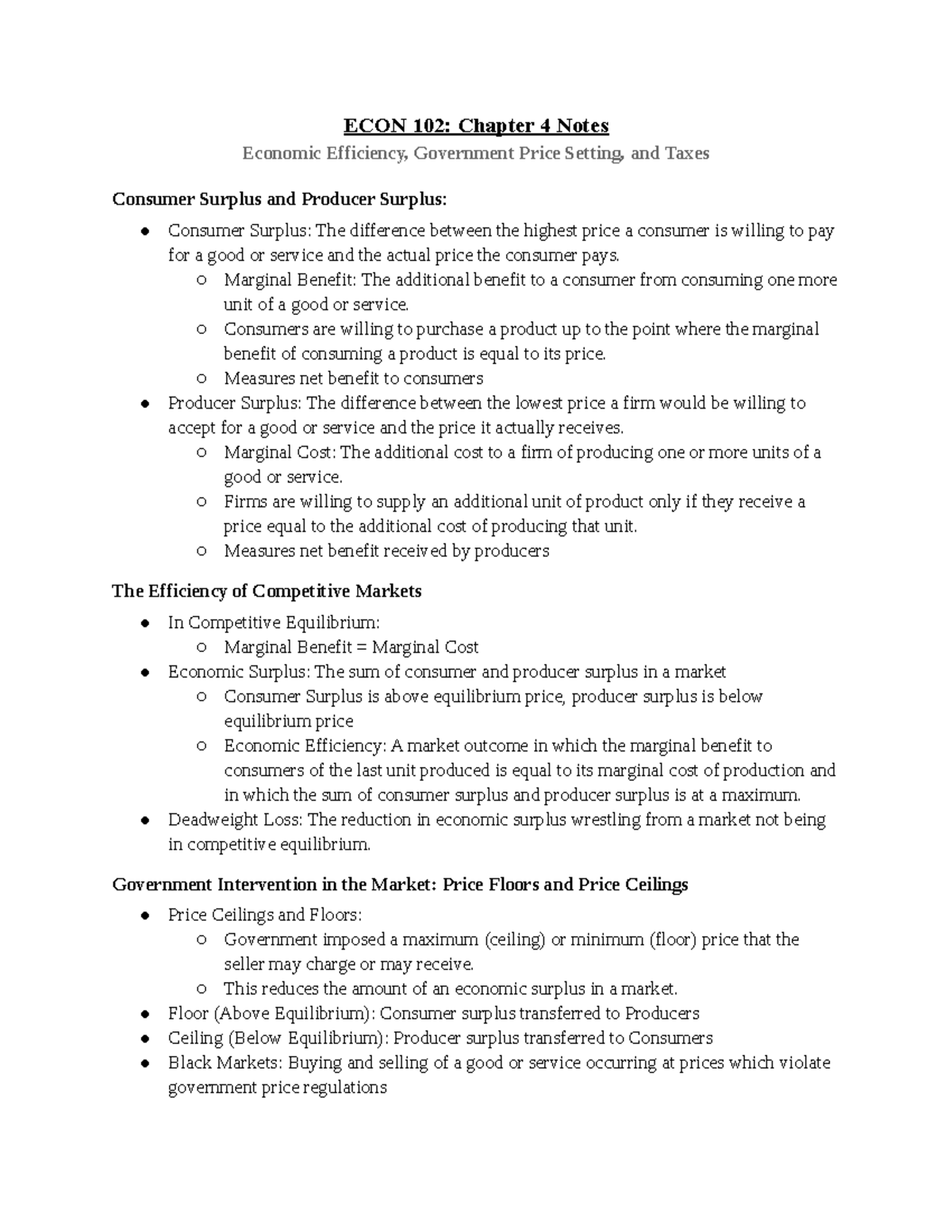 ECON 102 Chapter 4: Economic Efficiency & Government Intervention Notes ...