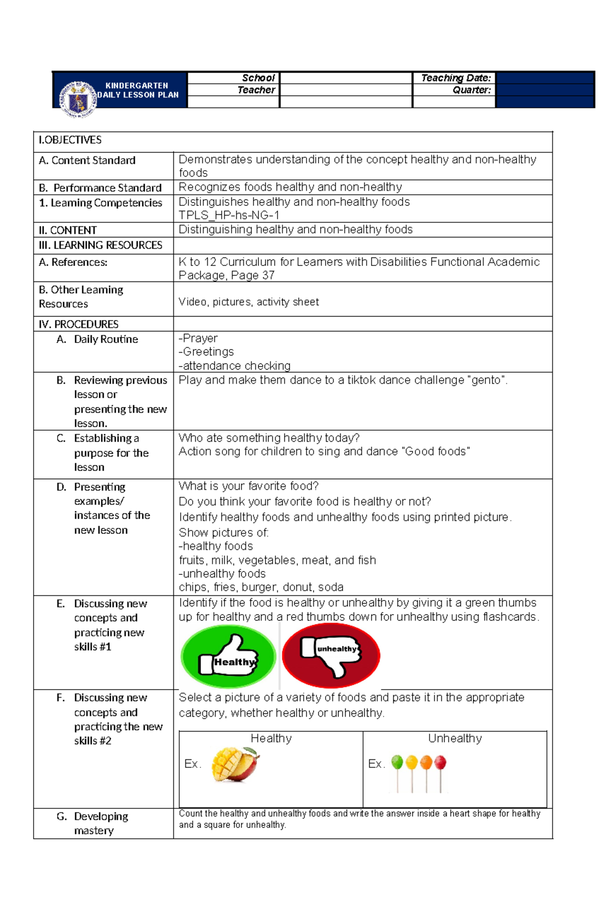 DLL CO1 - Daily Lesson Plan on Healthy vs. Unhealthy Foods - Studocu