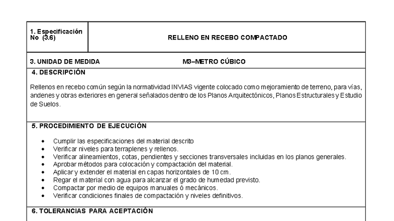 3.6 Especificaciones para Relleno en Recebo Compactado - Studocu