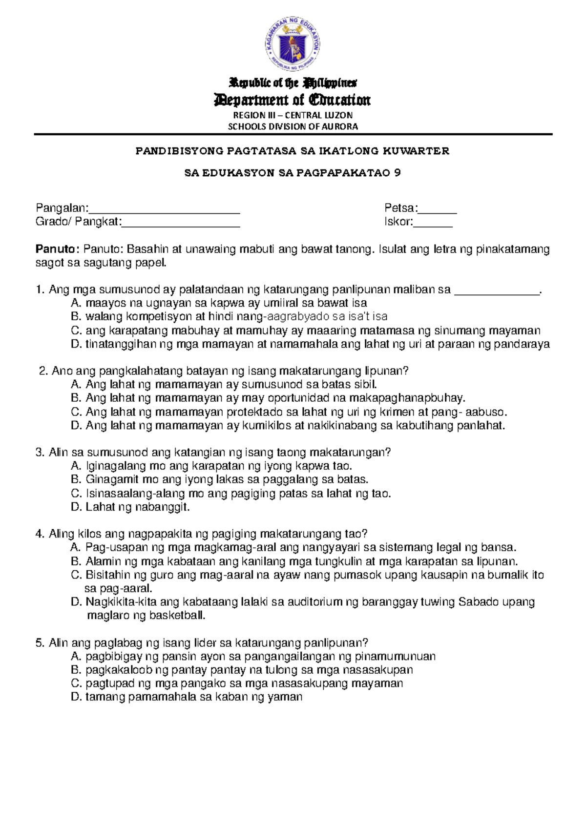 ESP 9 Q3 EXAM Edited - PERIODICAL EXAMINATION - Department of Education ...
