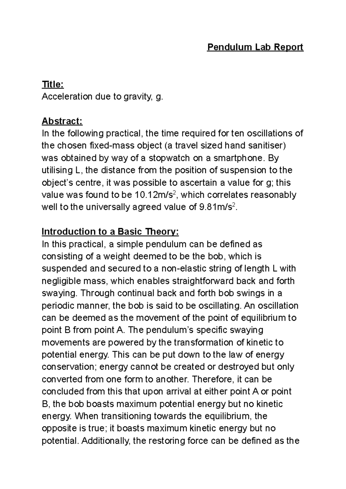 Pendulum Lab Report: Measuring Acceleration Due to Gravity (g) - Studocu