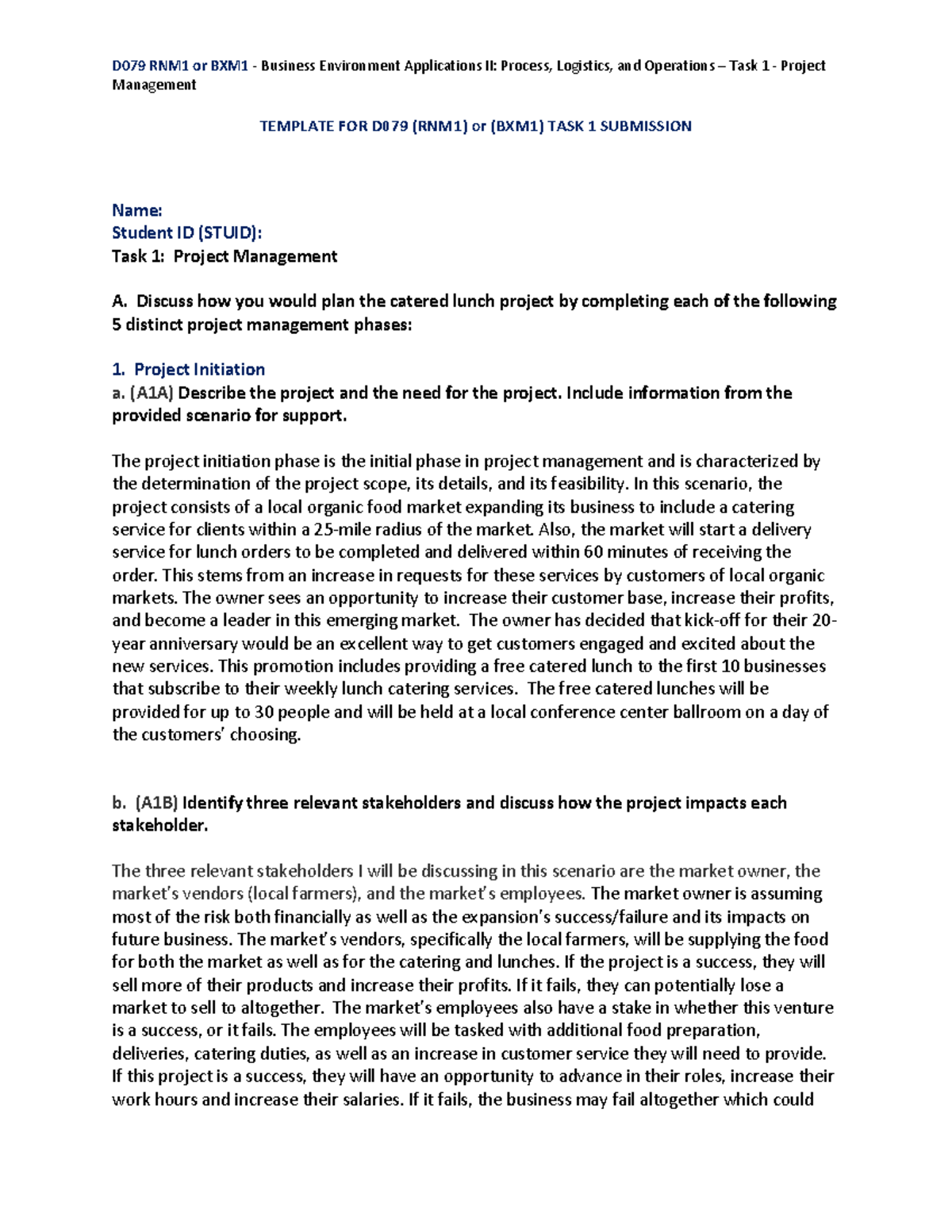 D079 - Task 1: Project Management Analysis and Planning for Catering ...
