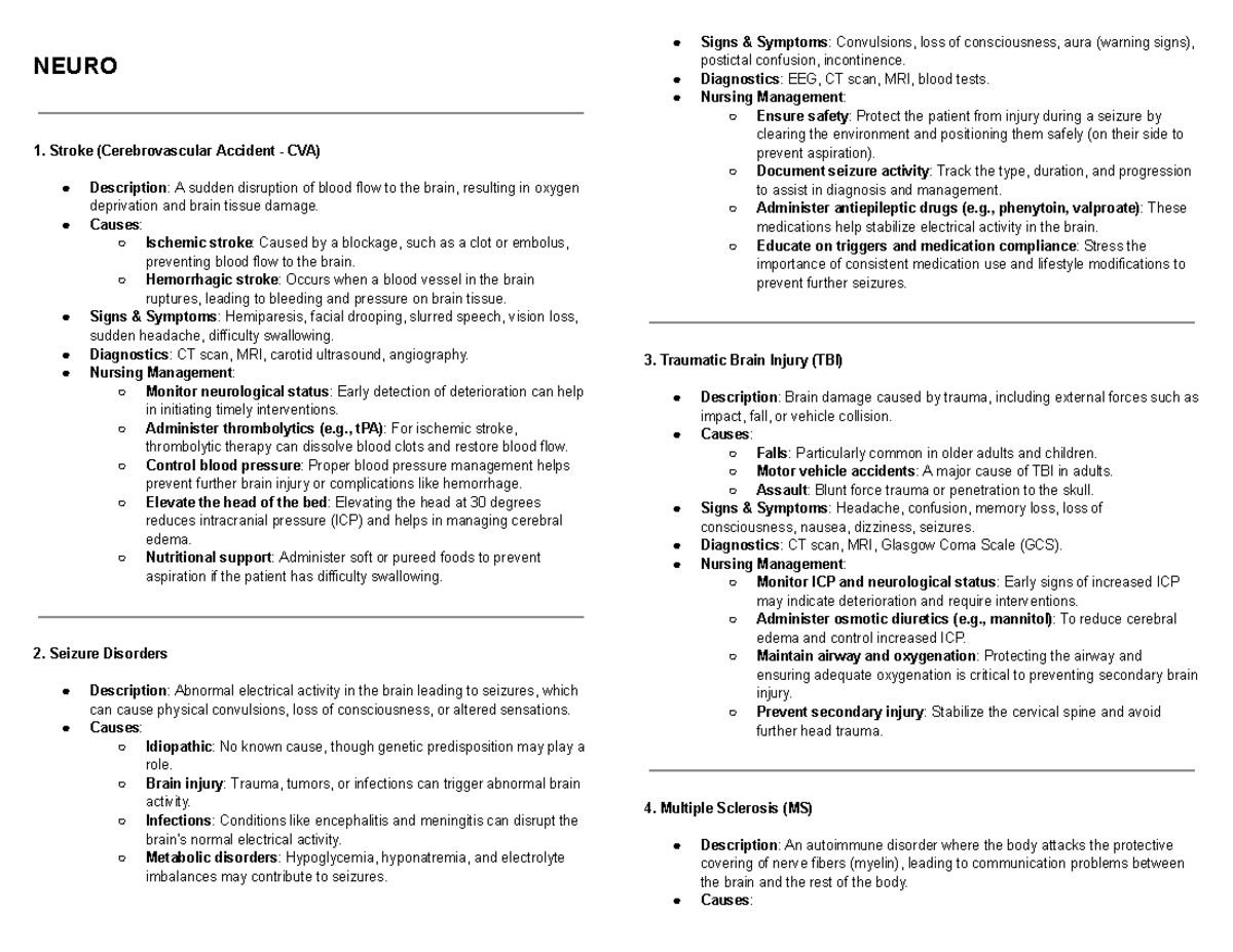 NEURO 1. Stroke and Neurological Disorders Overview - Studocu